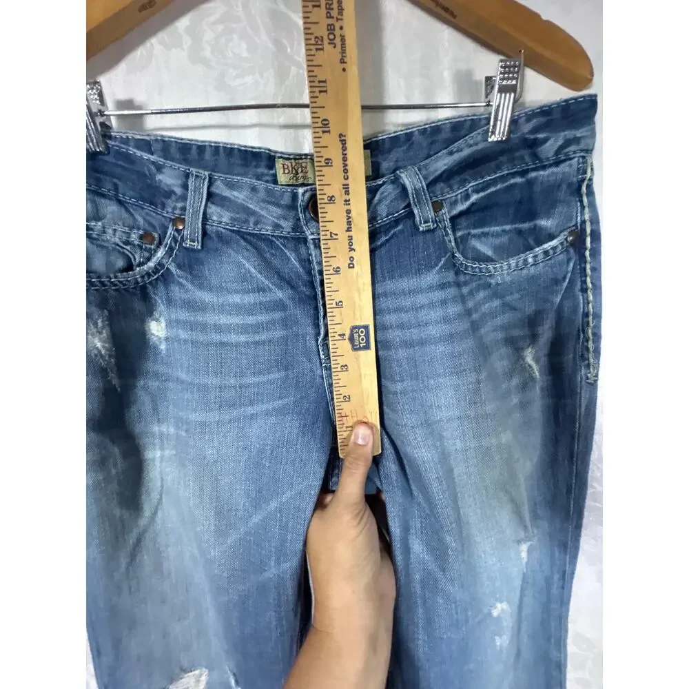 BKE Jeans 31x31.5 Sabrina Low Rise Flare Vintage Y2K Distressed Blue Denim
